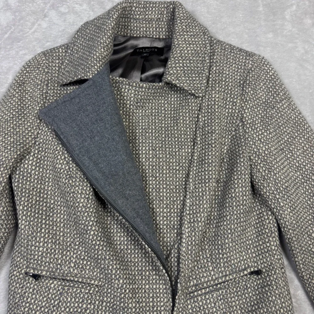 Talbots Petites 4P Gray Tweed Wool Blend Jacket‎ Career Moto Zip Front Metallic